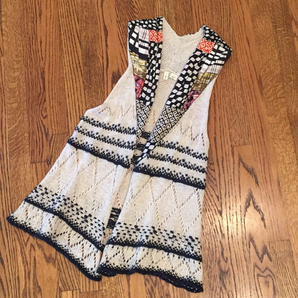 Moth Open Knit Vest in Cream and Black with Patterned Trim